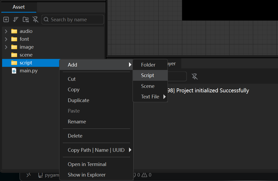 Add → Script in the Asset panel